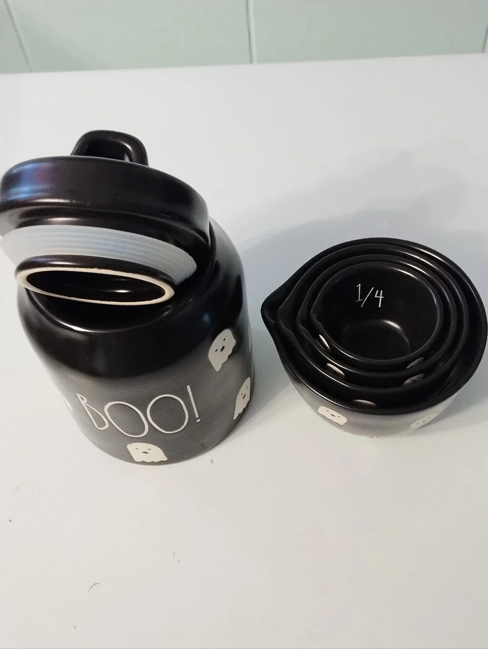 New Rae Dunn Black 'Boo!' Ceramic Canister Set with Ghost Measuring Cups